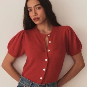 NWT Doen Anisa Wool Alpaca Button Short Puff Sleeve Cardigan Sweater Cerise Red